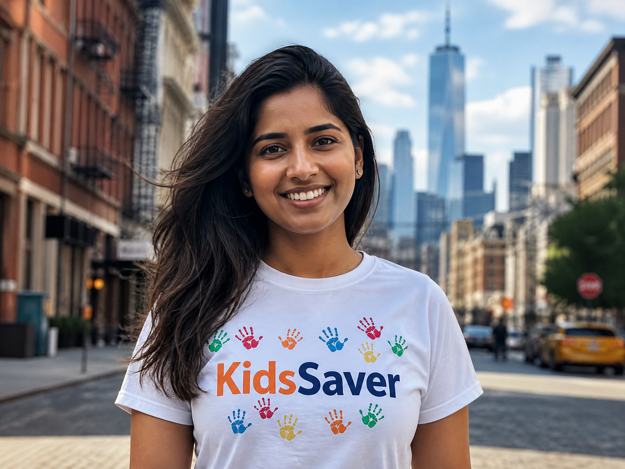 KidsSaver T-Shirt worn by Indian woman in New York City
